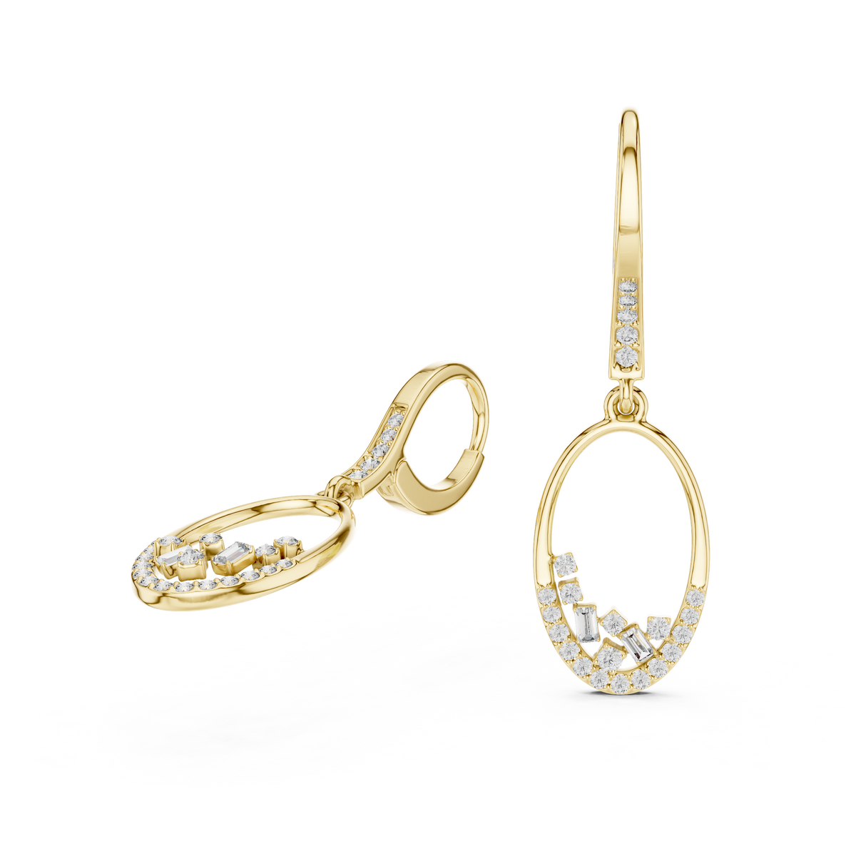 Round Diamond Oval Drop Earrings with Pavé Accents