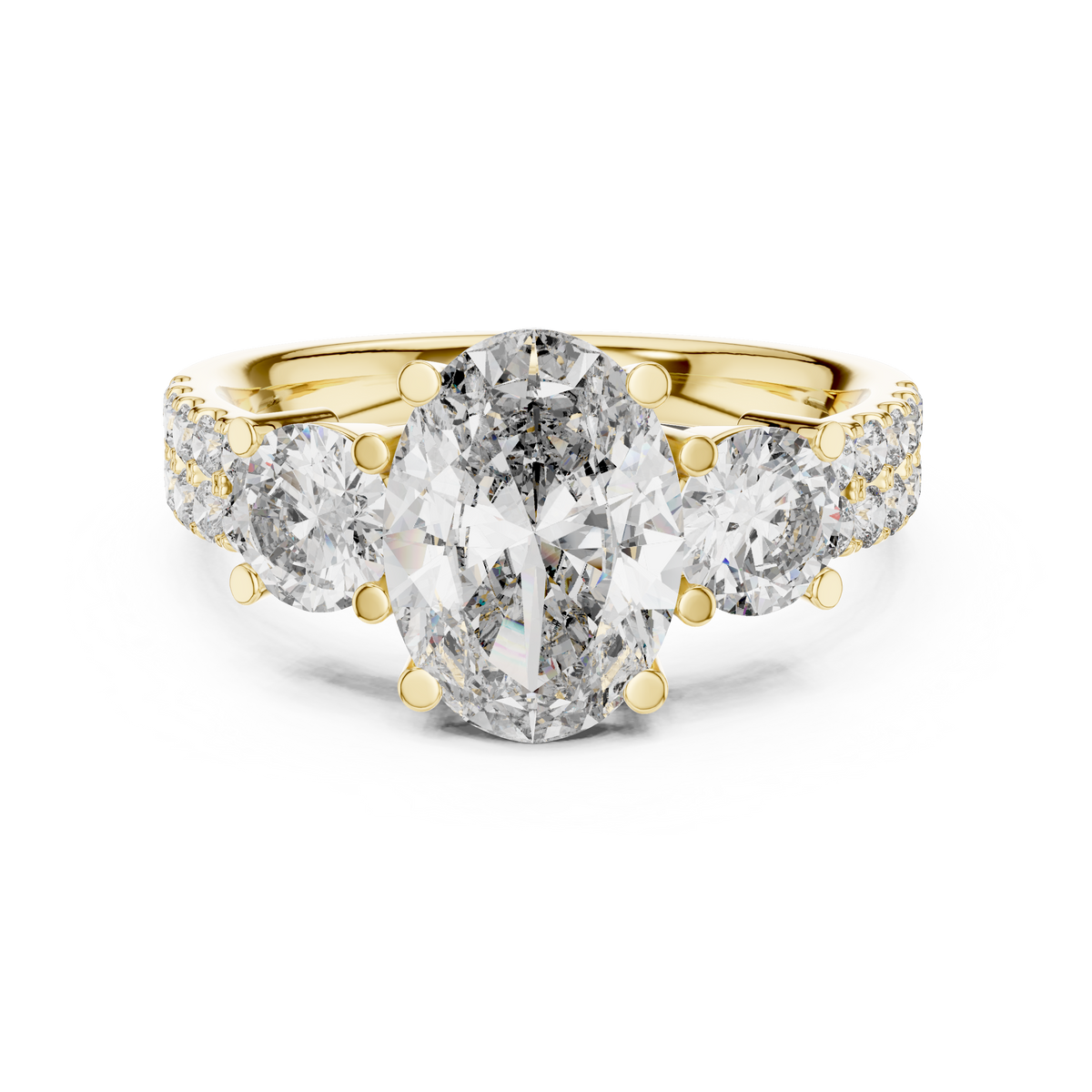 Elegant Oval Three-Stone Diamond Ring with Pavé Shoulders