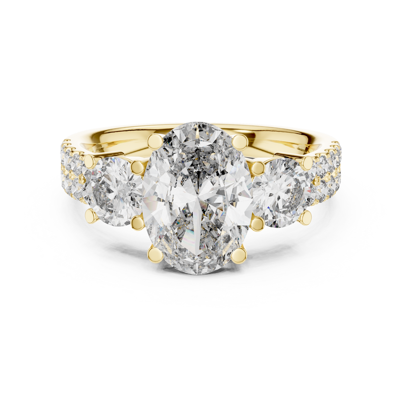 Elegant Oval Three-Stone Diamond Ring with Pavé Shoulders