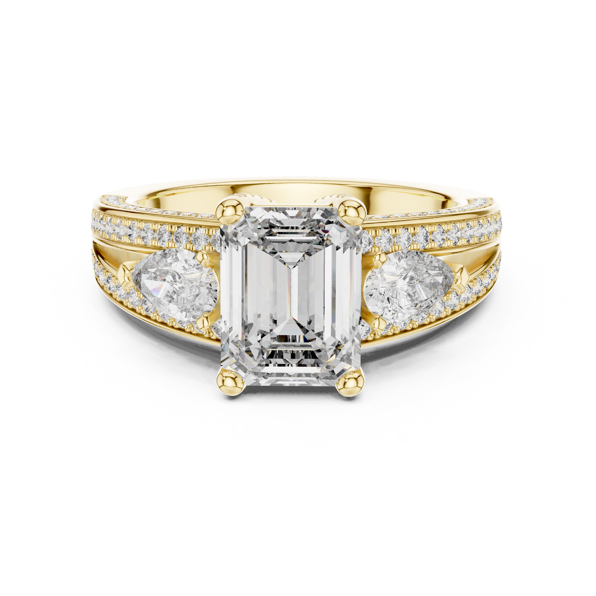 Emerald Cut Pear Side Stone Double Pave Split Shank Engagement Ring