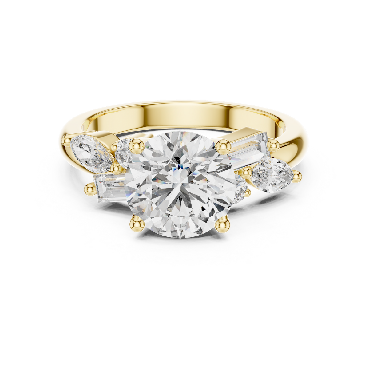 Round-Cut Blue Diamond Marquise, Baguette Accent Ring