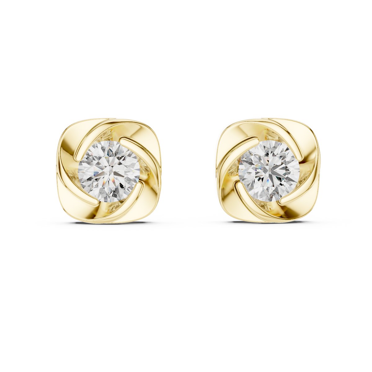Round Cushion Swirl Solitaire Diamond Stud Earrings