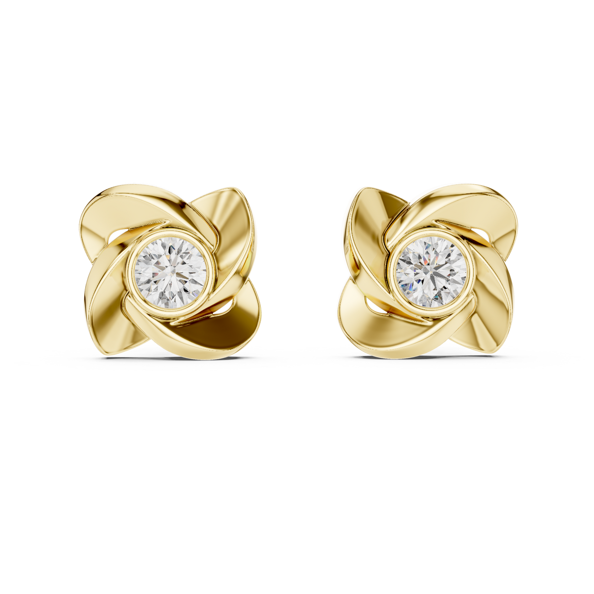 Round Floral Swirl Solitaire Diamond Stud Earrings