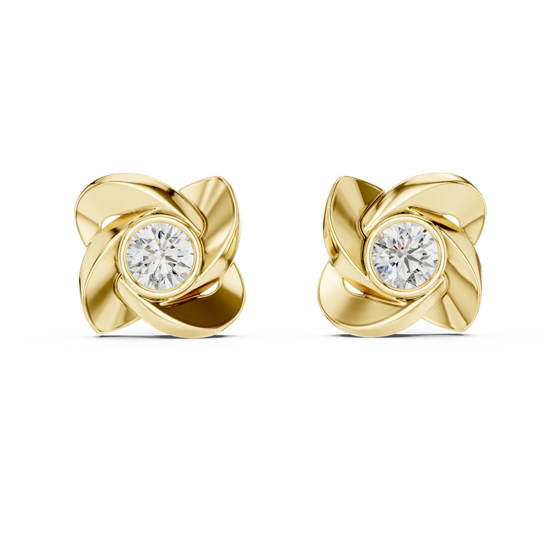 Round Floral Swirl Solitaire Diamond Stud Earrings