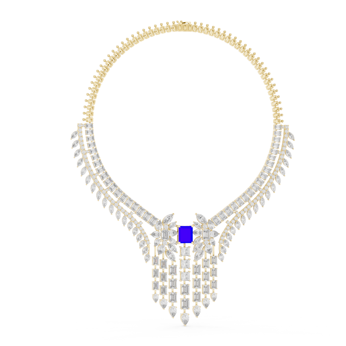 Multi-Shape Diamond Necklace & Earring Set with Blue Radiant Center Stone