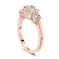 Asscher Halo Three-Stone Engagement Ring with Round Side Diamonds