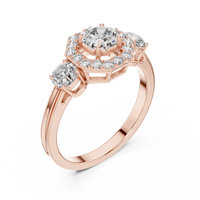 Asscher Halo Three-Stone Engagement Ring with Round Side Diamonds