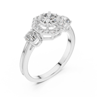 Asscher Halo Three-Stone Engagement Ring with Round Side Diamonds