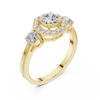 Asscher Halo Three-Stone Engagement Ring with Round Side Diamonds
