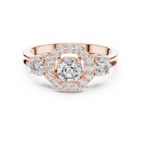 Asscher Halo Three-Stone Engagement Ring with Round Side Diamonds