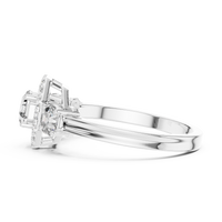 Asscher Halo Three-Stone Engagement Ring with Round Side Diamonds