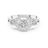 Asscher Halo Three-Stone Engagement Ring with Round Side Diamonds