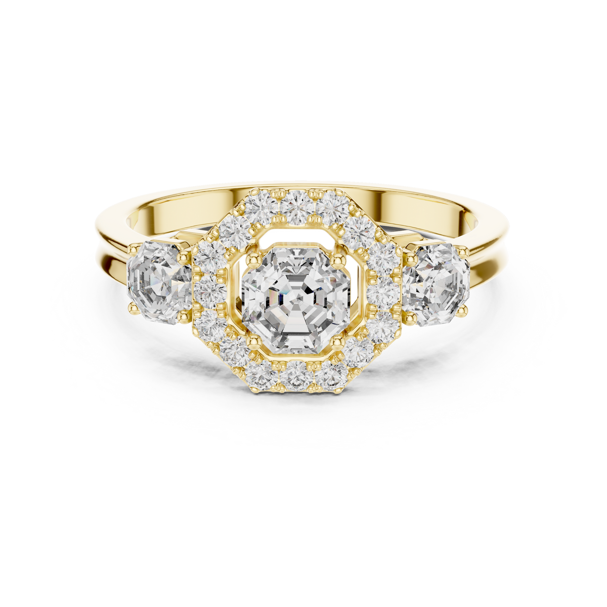 Asscher Halo Three-Stone Engagement Ring with Round Side Diamonds