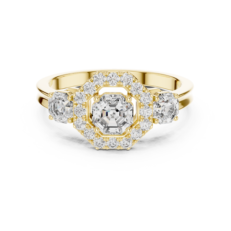 Asscher Halo Three-Stone Engagement Ring with Round Side Diamonds