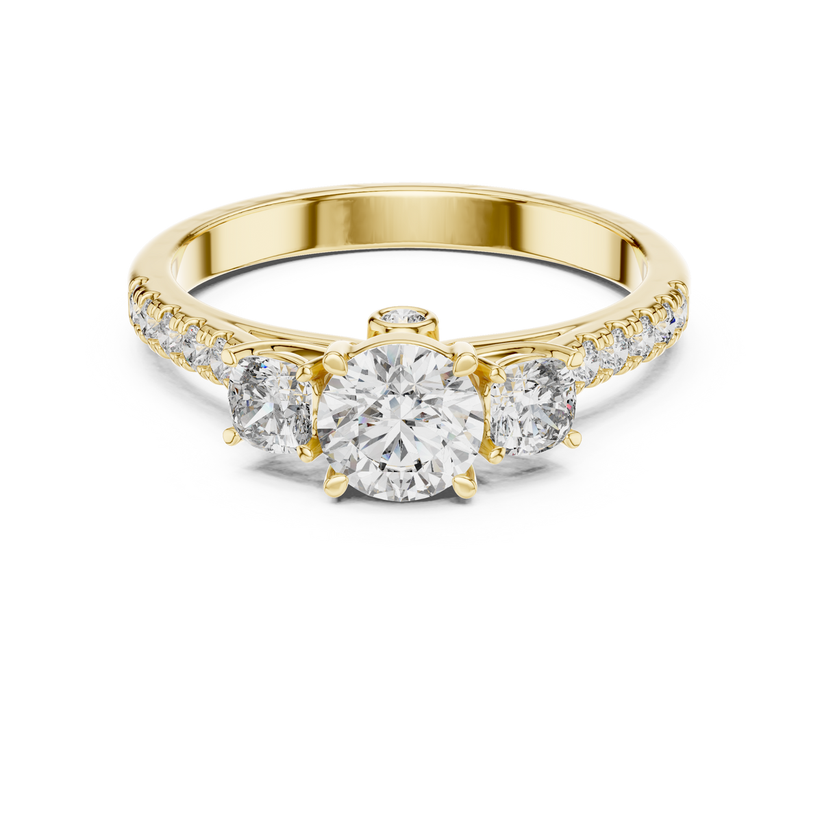 Round Three-Stone Pavé Engagement Ring with Hidden Halo