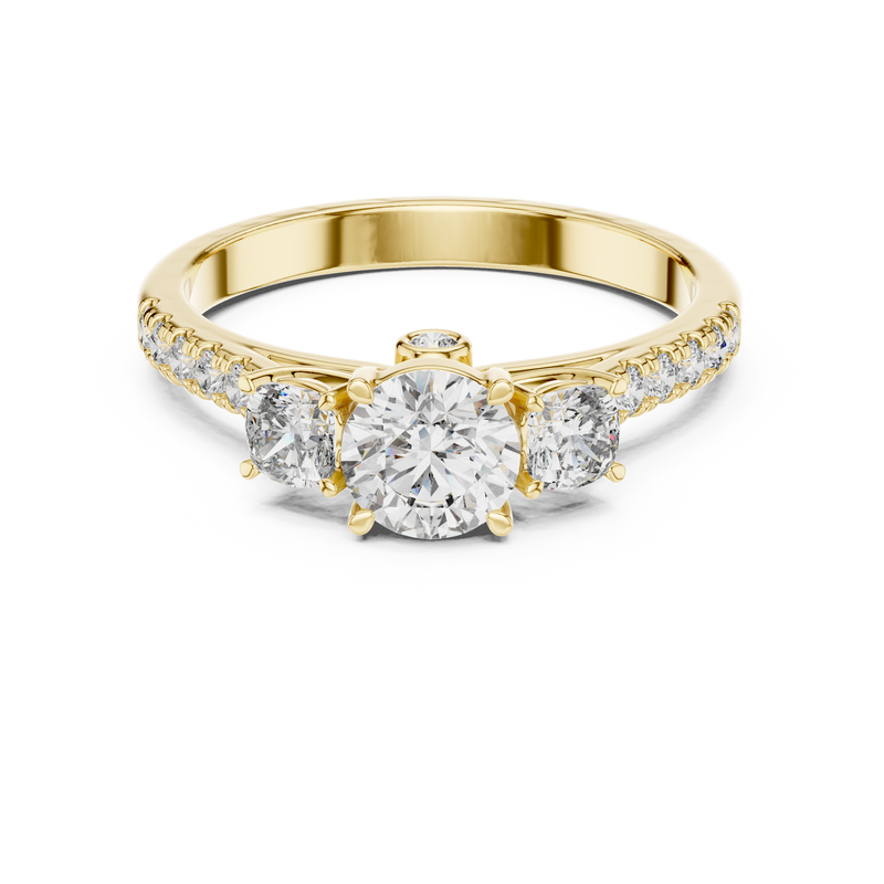 Round Three-Stone Pavé Engagement Ring with Hidden Halo