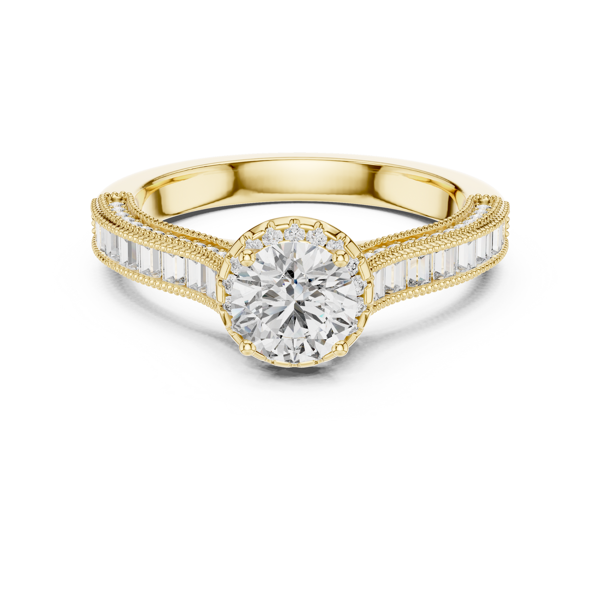 Round Halo Baguette Split Shank Engagement Ring