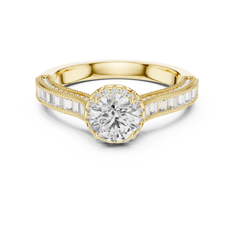 Round Halo Baguette Split Shank Engagement Ring