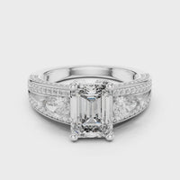 Emerald Cut Pear Side Stone Double Pave Split Shank Engagement Ring